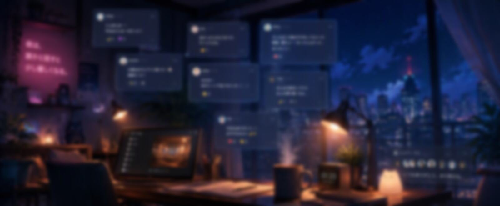 A desk by a window late at night, city lights outside and a laptop open on an online chat